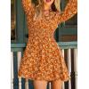 CUPSHE Women’s Floral Fall Mini Dress Boho V Neck Ruffle Sleeves Smocked Waist A Line Dresses(Orange)