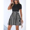 CUPSHE Women’s Floral Paisley Mini Beach Dress Crew Neck Short Sleeve Belted Tie A Line Stripe Mini Summer Dresses(Black)