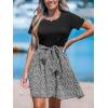 CUPSHE Women’s Floral Paisley Mini Beach Dress Crew Neck Short Sleeve Belted Tie A Line Stripe Mini Summer Dresses(Black Floral)
