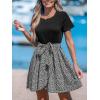 CUPSHE Women’s Floral Paisley Mini Beach Dress Crew Neck Short Sleeve Belted Tie A Line Stripe Mini Summer Dresses(Black Floral)