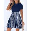 CUPSHE Women’s Floral Paisley Mini Beach Dress Crew Neck Short Sleeve Belted Tie A Line Stripe Mini Summer Dresses(Navy Blue Striped)
