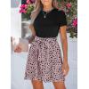 CUPSHE Women’s Floral Paisley Mini Beach Dress Crew Neck Short Sleeve Belted Tie A Line Stripe Mini Summer Dresses(Pink-leopard)