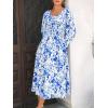 CUPSHE Womens Floral Print Maxi Dress Long Sleeve Smocked Waist Scoop Neck Flowy Fall Elegant Boho Dress(Blue)
