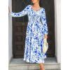 CUPSHE Womens Floral Print Maxi Dress Long Sleeve Smocked Waist Scoop Neck Flowy Fall Elegant Boho Dress(Blue)