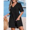 CUPSHE Women’s Jumpsuits V-Neck Wide Leg Romper Short Sleeves Overall with Front Pockets Outfit Casual Beach(Black)