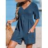 CUPSHE Women’s Jumpsuits V-Neck Wide Leg Romper Short Sleeves Overall with Front Pockets Outfit Casual Beach(Blue)