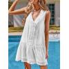 CUPSHE Women’s Lace Bathing Suit Cover Up Sleeveless V-Neck Swimsuit Coverup Ruffle Swimwear Beach Dress(White)