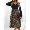 CUPSHE Womens Leopard Print Panel A Line Midi Dress Long Sleeve V Neck Waist Tie Wrap Casual Fall Dresses(Multicoloured)