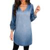 CUPSHE Women’s Long Sleeve Denim Shirt Dress Casual V Neck Mini Distressed Roll Tab Jean Dresses(Light Blue)