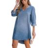 CUPSHE Women’s Long Sleeve Denim Shirt Dress Casual V Neck Mini Distressed Roll Tab Jean Dresses(Light Blue)