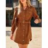 CUPSHE Womens Long Sleeve Fall Dresses Button Casual Belted Corduroy Pockets Fitted Work Mini Shirt Dress(Brown)