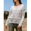 CUPSHE Women’s Long Sleeve Sweater 2024 Fall Knit V Neck Striped Pullover Tops(Beige)