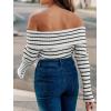CUPSHE Women’s Long Sleeve Sweater 2024 Fall Off The Shoulder Striped Sweater Tops(Black White Striped)