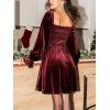 CUPSHE Women’s Long Sleeve Velvet Mini Dress Smocked Christmas Cocktail Party Dress Square Neck Short Dresses(Burgundy)