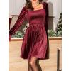 CUPSHE Women’s Long Sleeve Velvet Mini Dress Smocked Christmas Cocktail Party Dress Square Neck Short Dresses(Burgundy)