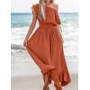 CUPSHE Women’s Maxi Dresses Casual Summer Sundress Sleeveless Smocked One Shoulder Ruffled Long Beach Formal Dress(Brown)
