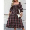 CUPSHE Women’s Maxi Dresses Square Neck Plaid Smocked Belted Ruffled Casual Half Trumpet Sleeve A Line Long Party Dress(Navy Plaid)
