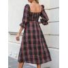 CUPSHE Women’s Maxi Dresses Square Neck Plaid Smocked Belted Ruffled Casual Half Trumpet Sleeve A Line Long Party Dress(Navy Plaid)