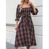 CUPSHE Women’s Maxi Dresses Square Neck Plaid Smocked Belted Ruffled Casual Half Trumpet Sleeve A Line Long Party Dress(Navy Plaid)