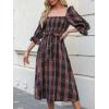 CUPSHE Women’s Maxi Dresses Square Neck Plaid Smocked Belted Ruffled Casual Half Trumpet Sleeve A Line Long Party Dress(Navy Plaid)