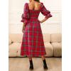 CUPSHE Women’s Maxi Dresses Square Neck Plaid Smocked Belted Ruffled Casual Half Trumpet Sleeve A Line Long Party Dress(Red Plaid)