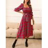 CUPSHE Women’s Maxi Dresses Square Neck Plaid Smocked Belted Ruffled Casual Half Trumpet Sleeve A Line Long Party Dress(Red Plaid)