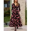 CUPSHE Womens Maxi Dresses V Neck Casual Floral Long Sleeve Fall Outfit Smocked Pockets Flowy Garden Party Dress(Black Floral)