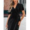 CUPSHE Women’s Midi Dress Emerald V Neck Belted Short Sleeve Ribbed Knit Flowy Party Cocktail Dresses(Black)
