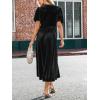 CUPSHE Women’s Midi Dress Emerald V Neck Belted Short Sleeve Ribbed Knit Flowy Party Cocktail Dresses(Black)
