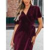 CUPSHE Women’s Midi Dress Emerald V Neck Belted Short Sleeve Ribbed Knit Flowy Party Cocktail Dresses(Burgundy)
