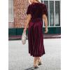 CUPSHE Women’s Midi Dress Emerald V Neck Belted Short Sleeve Ribbed Knit Flowy Party Cocktail Dresses(Burgundy)