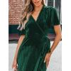 CUPSHE Women’s Midi Dress Emerald V Neck Belted Short Sleeve Ribbed Knit Flowy Party Cocktail Dresses(Green)