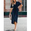 CUPSHE Women’s Midi Dress Emerald V Neck Belted Short Sleeve Ribbed Knit Flowy Party Cocktail Dresses(Navy)