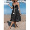 CUPSHE Women’s Mini Dress Lace Boho Tassel V-Neck Flare Ruffle Adjustable Straps Beach Summer Short Dress(Black)
