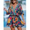 CUPSHE Women’s Mini Dress V Neck Floral Half Dolman Sleeve Belted Loose Fit Short Summer Beach Dress(Black Floral)