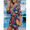 CUPSHE Women’s Mini Dress V Neck Floral Half Dolman Sleeve Belted Loose Fit Short Summer Beach Dress(Black Floral)