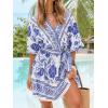 CUPSHE Women’s Mini Dress V Neck Floral Half Dolman Sleeve Belted Loose Fit Short Summer Beach Dress(Blue Floral)