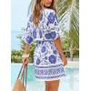 CUPSHE Women’s Mini Dress V Neck Floral Half Dolman Sleeve Belted Loose Fit Short Summer Beach Dress(Blue Floral)