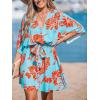 CUPSHE Women’s Mini Dress V Neck Floral Half Dolman Sleeve Belted Loose Fit Short Summer Beach Dress(Blue Paisley)