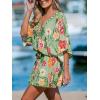 CUPSHE Women’s Mini Dress V Neck Floral Half Dolman Sleeve Belted Loose Fit Short Summer Beach Dress(Grass Green)