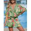 CUPSHE Women’s Mini Dress V Neck Floral Half Dolman Sleeve Belted Loose Fit Short Summer Beach Dress(Grass Green)