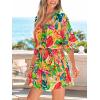 CUPSHE Women’s Mini Dress V Neck Floral Half Dolman Sleeve Belted Loose Fit Short Summer Beach Dress(Green Tropical)
