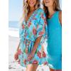 CUPSHE Women’s Mini Dress V Neck Floral Half Dolman Sleeve Belted Loose Fit Short Summer Beach Dress(Light Blue)