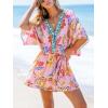 CUPSHE Women’s Mini Dress V Neck Floral Half Dolman Sleeve Belted Loose Fit Short Summer Beach Dress(Pink Tropical)