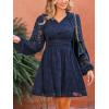 CUPSHE Women’s Mini Dresses Casual Floral Lace Tie Neck Long Lantern Sleeves Elastic Waist A-Line Flowy Dress(Navy)