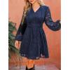 CUPSHE Women’s Mini Dresses Casual Floral Lace Tie Neck Long Lantern Sleeves Elastic Waist A-Line Flowy Dress(Navy)