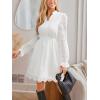 CUPSHE Womens Mini Dresses V Neck Long Sleeve Ruffled Hollow Out Lace Casual Fall Outfit Party Short Weddding Guest Dress(White)