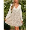CUPSHE Womens Mini Fall Dresses V Neck Casual Long Sleeve Floral Self Tie Crochet Short Flowy Wedding Guest Dress(Beige Floral)