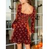 CUPSHE Womens Mini Fall Dresses Velvet Square Neck Casual Long Sleeve Floral Short Ruffled Party Outfit Flowy Cocktail Dress(Burnt Orange)
