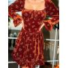 CUPSHE Womens Mini Fall Dresses Velvet Square Neck Casual Long Sleeve Floral Short Ruffled Party Outfit Flowy Cocktail Dress(Burnt Orange)